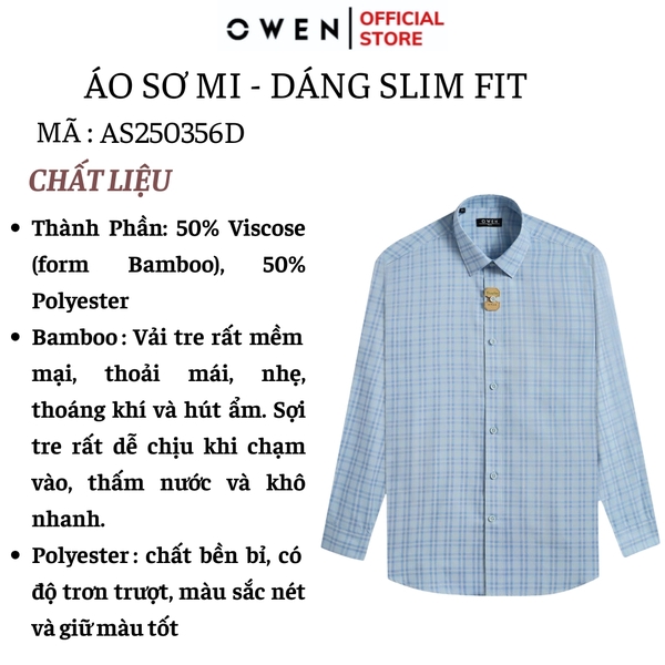 Áo sơ mi nam tay dài Owen AS250356D màu xanhcaro vừa dáng ôm slim fit là lượn không túi chất liệu bamboo poly