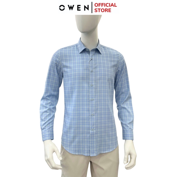 Áo sơ mi nam tay dài Owen AS250356D màu xanhcaro vừa dáng ôm slim fit là lượn không túi chất liệu bamboo poly