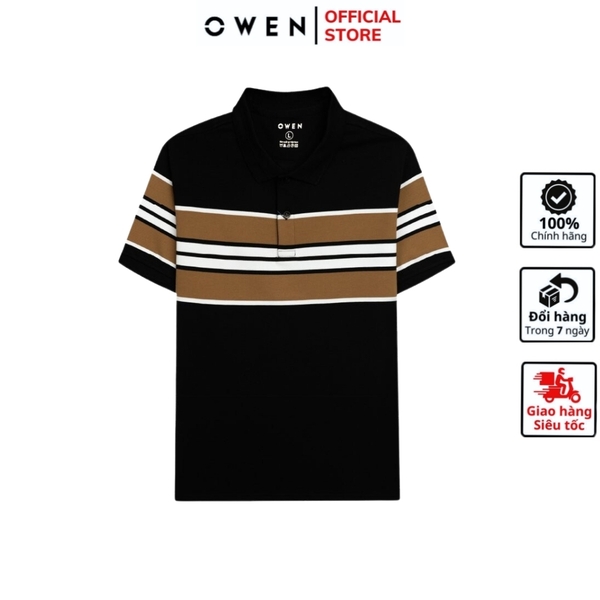 Áo Thun polo Nam Tay Ngắn Có Cổ Owen APV233176 màu đen kẻ nâu vàng dáng body fit tà bằng xẻ tà chất liệu CVC Spandex
