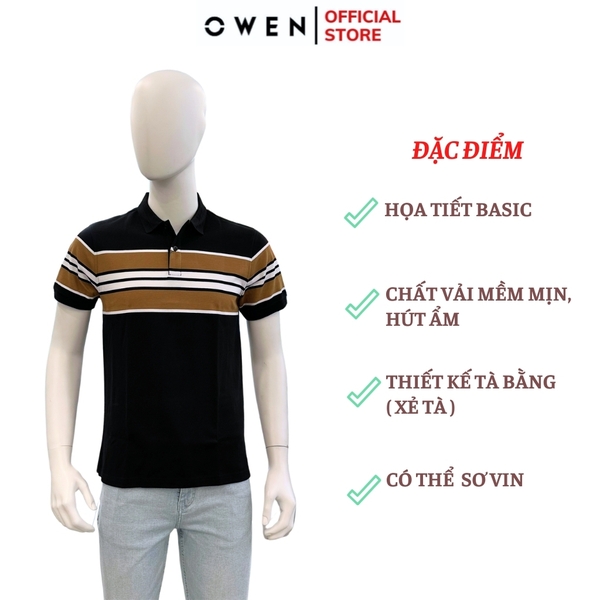 Áo Thun polo Nam Tay Ngắn Có Cổ Owen APV233176 màu đen kẻ nâu vàng dáng body fit tà bằng xẻ tà chất liệu CVC Spandex