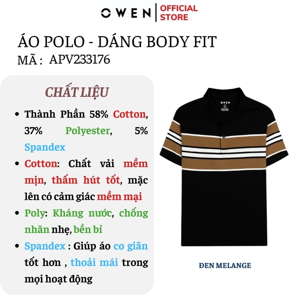 Áo Thun polo Nam Tay Ngắn Có Cổ Owen APV233176 màu đen kẻ nâu vàng dáng body fit tà bằng xẻ tà chất liệu CVC Spandex
