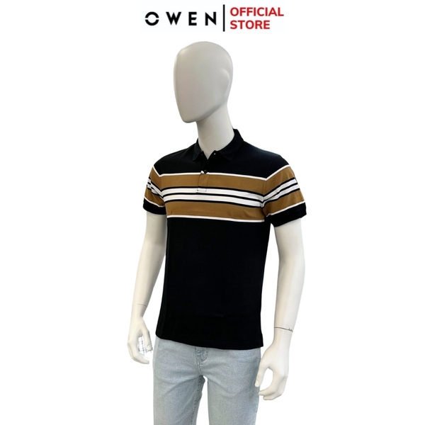 Áo Thun polo Nam Tay Ngắn Có Cổ Owen APV233176 màu đen kẻ nâu vàng dáng body fit tà bằng xẻ tà chất liệu CVC Spandex