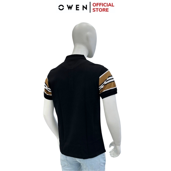 Áo Thun polo Nam Tay Ngắn Có Cổ Owen APV233176 màu đen kẻ nâu vàng dáng body fit tà bằng xẻ tà chất liệu CVC Spandex