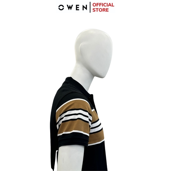 Áo Thun polo Nam Tay Ngắn Có Cổ Owen APV233176 màu đen kẻ nâu vàng dáng body fit tà bằng xẻ tà chất liệu CVC Spandex