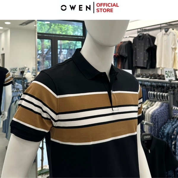 Áo Thun polo Nam Tay Ngắn Có Cổ Owen APV233176 màu đen kẻ nâu vàng dáng body fit tà bằng xẻ tà chất liệu CVC Spandex