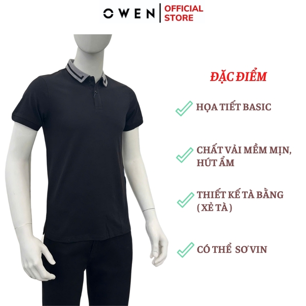 Áo thun polo Nam Tay Ngắn Có Cổ Owen APV231344 màu đen dáng body fit tà bằng chất liệu cotton