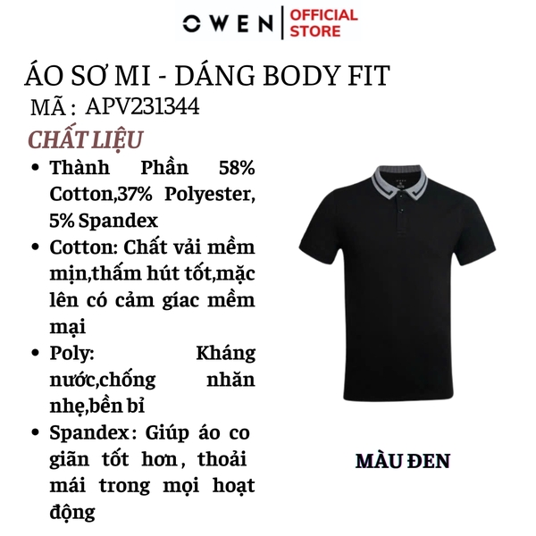 Áo thun polo Nam Tay Ngắn Có Cổ Owen APV231344 màu đen dáng body fit tà bằng chất liệu cotton