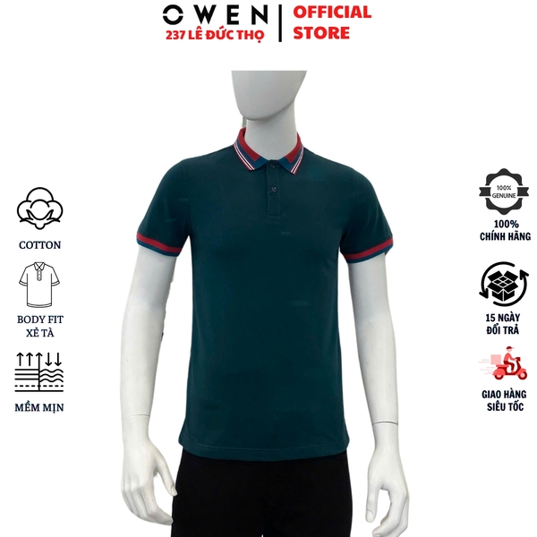 Áo Thun polo Nam Tay Ngắn Có Cổ Owen APV233199 Màu xanh viền đỏ dáng body fit chất liệu Cotton spandex