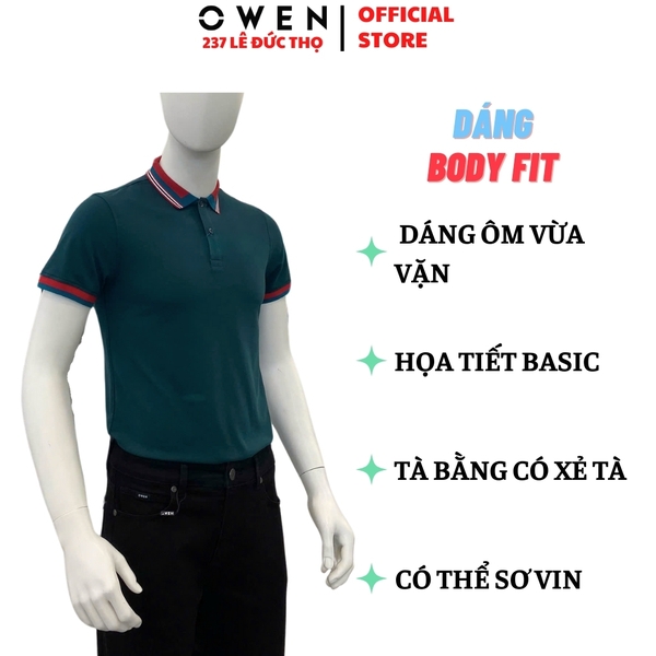 Áo Thun polo Nam Tay Ngắn Có Cổ Owen APV233199 Màu xanh viền đỏ dáng body fit chất liệu Cotton spandex