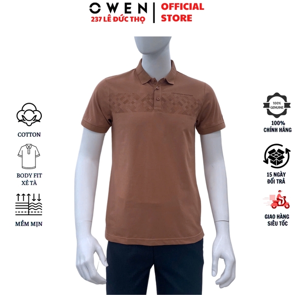 Áo Thun polo Nam Tay Ngắn Có Cổ Owen APV253629 màu nâu in họa tiết dáng suông body fit tà bằng chất liệu cotton