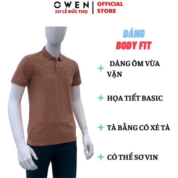 Áo Thun polo Nam Tay Ngắn Có Cổ Owen APV253629 màu nâu in họa tiết dáng suông body fit tà bằng chất liệu cotton
