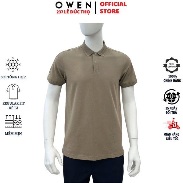 Áo thun polo Nam Tay Ngắn Có Cổ Owen APV252544 màu nâu dáng suông body fit tà bằng xẻ tà chất liệu poly recycle (renu)