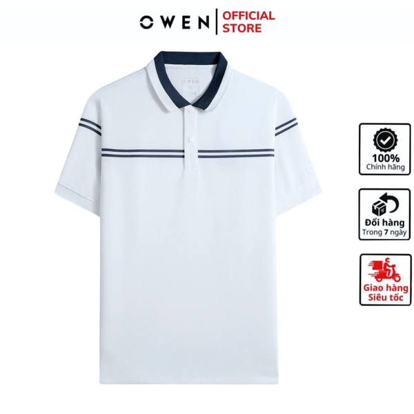 Áo thun polo Nam Tay Ngắn Có Cổ Owen APV253646 màu trắng viền xanh dáng suông body fit tà bằng xẻ tà chất liệu Nylon Spandex