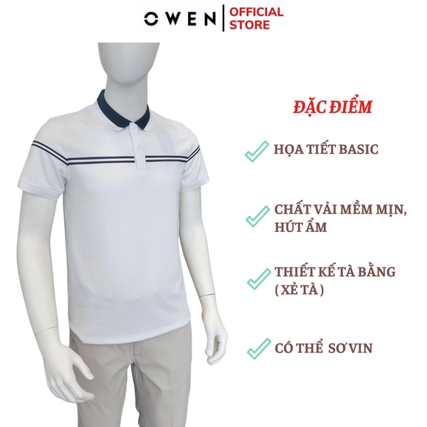 Áo thun polo Nam Tay Ngắn Có Cổ Owen APV253646 màu trắng viền xanh dáng suông body fit tà bằng xẻ tà chất liệu Nylon Spandex