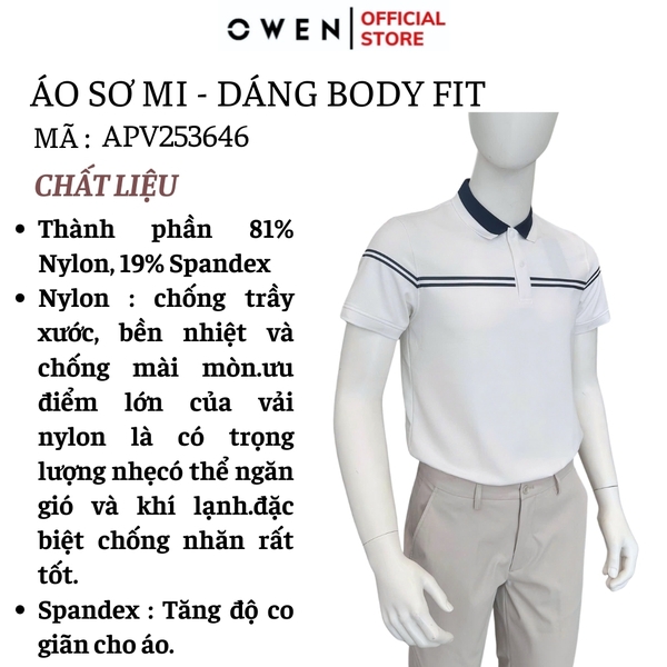Áo thun polo Nam Tay Ngắn Có Cổ Owen APV253646 màu trắng viền xanh dáng suông body fit tà bằng xẻ tà chất liệu Nylon Spandex
