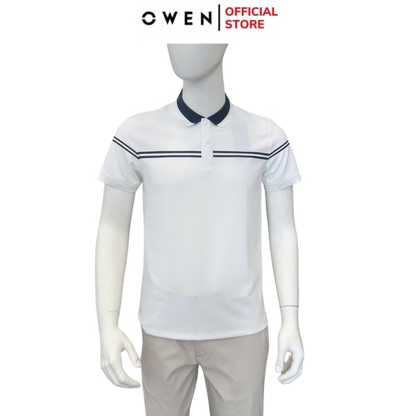 Áo thun polo Nam Tay Ngắn Có Cổ Owen APV253646 màu trắng viền xanh dáng suông body fit tà bằng xẻ tà chất liệu Nylon Spandex
