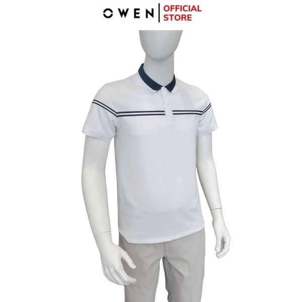 Áo thun polo Nam Tay Ngắn Có Cổ Owen APV253646 màu trắng viền xanh dáng suông body fit tà bằng xẻ tà chất liệu Nylon Spandex