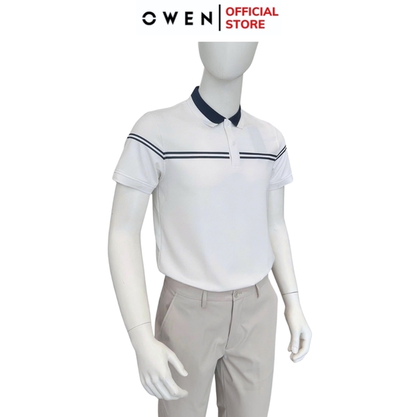 Áo thun polo Nam Tay Ngắn Có Cổ Owen APV253646 màu trắng viền xanh dáng suông body fit tà bằng xẻ tà chất liệu Nylon Spandex