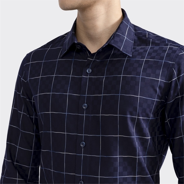 Áo Sơ Mi Nam Dài Tay Aristino ALS07602 Màu Xanh Tím Than Kẻ Jacquard Dáng Regular Fit Vải Sợi Sồi