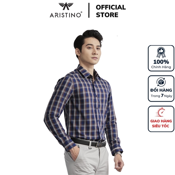 Áo Sơ Mi Nam Dài Tay Aristino ALS14602 màu xanh than kẻ nâu
