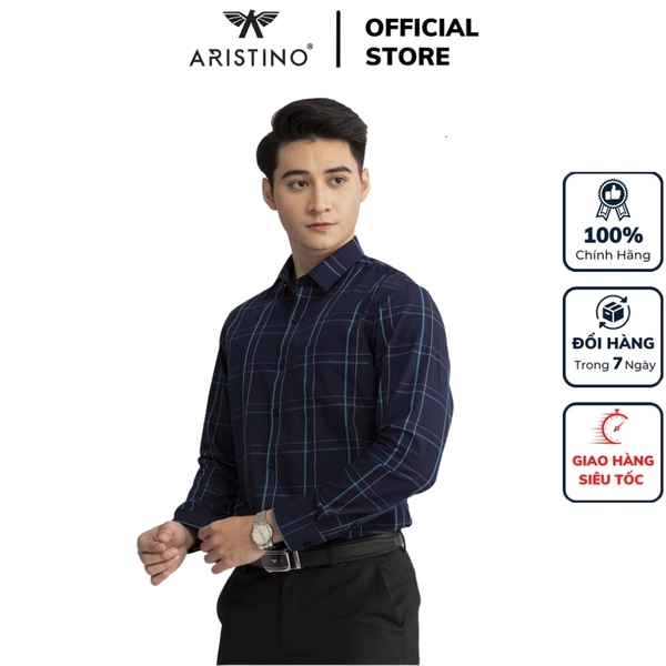 Áo Sơ Mi Nam Dài Tay Aristino ALS23402 màu Xanh Tím Than kẻ xanh