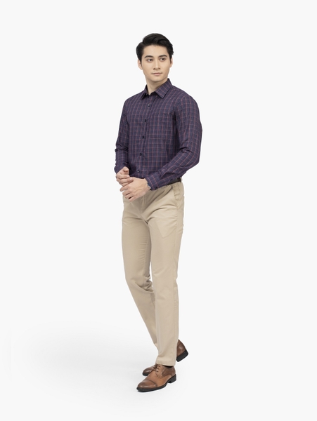 Áo Sơ Mi Nam Dài Tay Aristino ALS41102 Màu Xanh Tím Than Kẻ Dobby Dáng Suông Có Túi Chất Vải Sợi Sồi