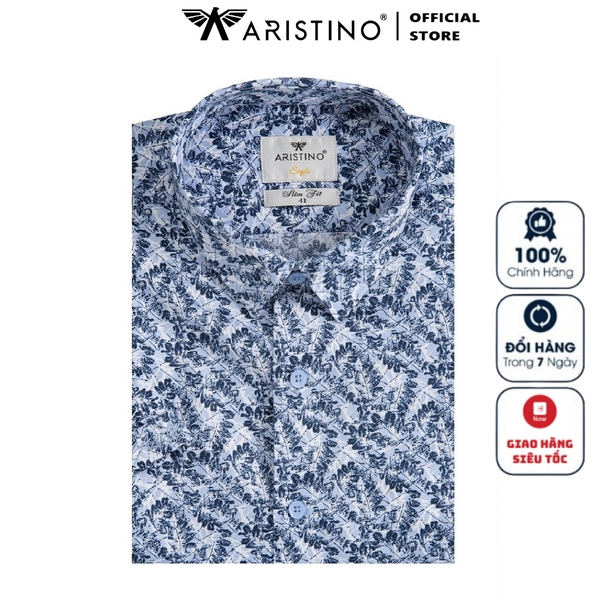 Áo Sơ Mi Nam Ngắn Tay Aristino ASS139S2 Màu Trắng In Lá Xanh Tím Than Dáng Ôm Không Túi Chất Vải Cotton