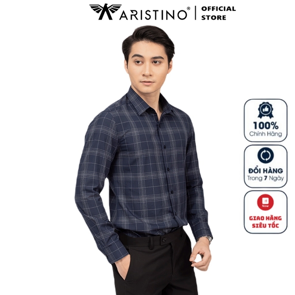 Áo Sơ Mi Nam Dài Tay Aristino ALS39102 màu xanh tím than kẻ trắng dáng ôm tà lượn không túi vải sợi sồi cao cấp