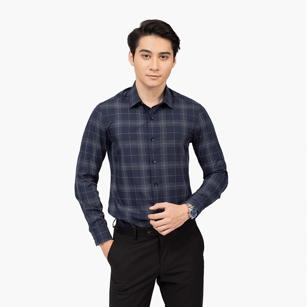 Áo Sơ Mi Nam Dài Tay Aristino ALS39102 màu xanh tím than kẻ trắng dáng ôm tà lượn không túi vải sợi sồi cao cấp