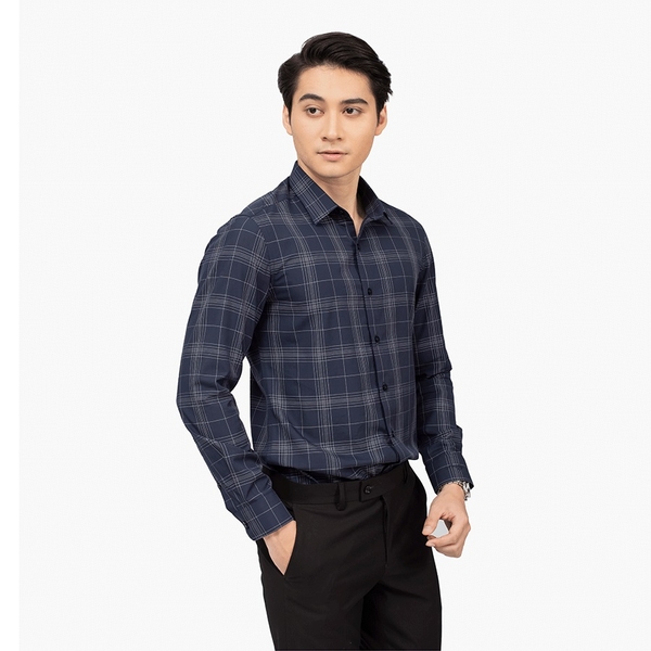 Áo Sơ Mi Nam Dài Tay Aristino ALS39102 màu xanh tím than kẻ trắng dáng ôm tà lượn không túi vải sợi sồi cao cấp