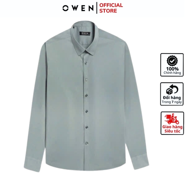 Áo sơ mi nam tay dài Owen AS250015D màu xanh bạc hà dáng ôm slim fit tà lượn không túi chất liệu Milk