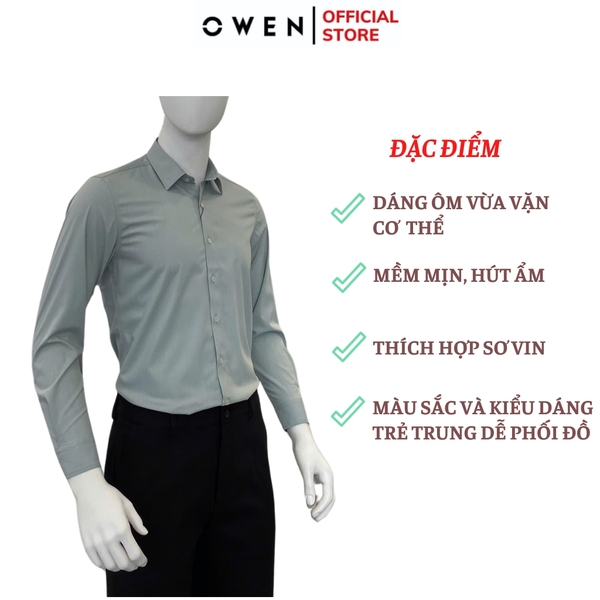 Áo sơ mi nam tay dài Owen AS250015D màu xanh bạc hà dáng ôm slim fit tà lượn không túi chất liệu Milk