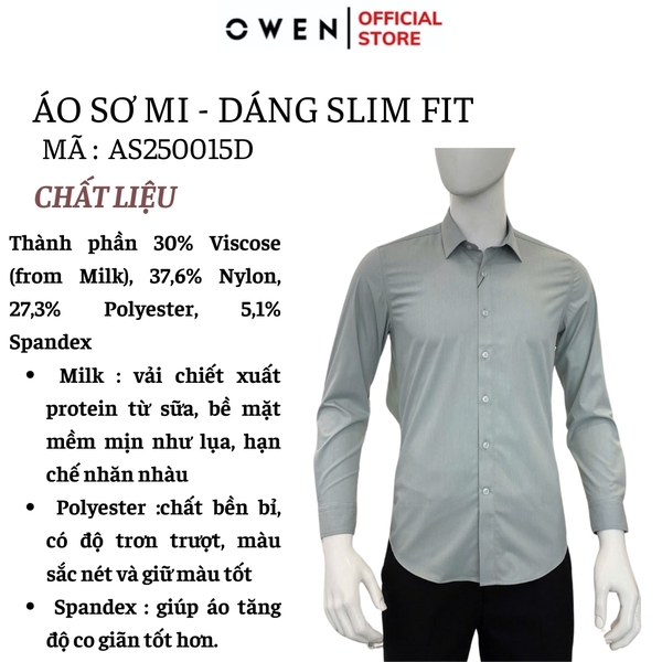 Áo sơ mi nam tay dài Owen AS250015D màu xanh bạc hà dáng ôm slim fit tà lượn không túi chất liệu Milk