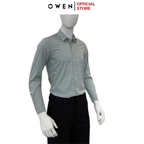 Áo sơ mi nam tay dài Owen AS250015D màu xanh bạc hà dáng ôm slim fit tà lượn không túi chất liệu Milk