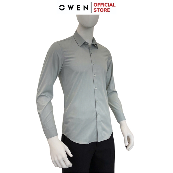 Áo sơ mi nam tay dài Owen AS250015D màu xanh bạc hà dáng ôm slim fit tà lượn không túi chất liệu Milk