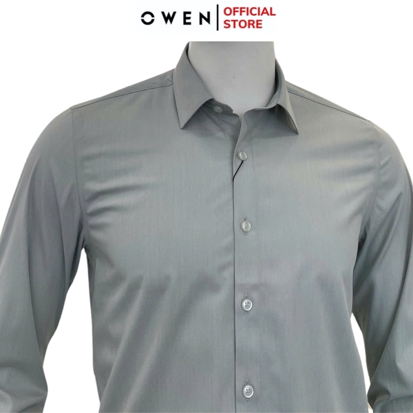 Áo sơ mi nam tay dài Owen AS250015D màu xanh bạc hà dáng ôm slim fit tà lượn không túi chất liệu Milk