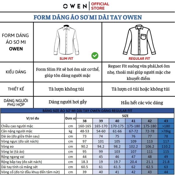 Áo sơ mi nam tay dài Owen AS250015D màu xanh bạc hà dáng ôm slim fit tà lượn không túi chất liệu Milk