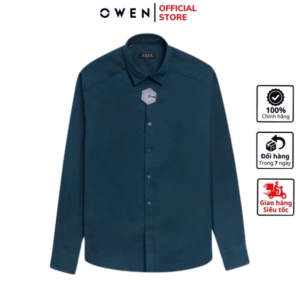 Áo Sơ Mi Nam Tay Dài Owen AJ240636DT màu xanh cổ vịt trơn Dáng J - form suông rộng tà lượn có túi ngực chất liệu Café Charcoal dày dặn