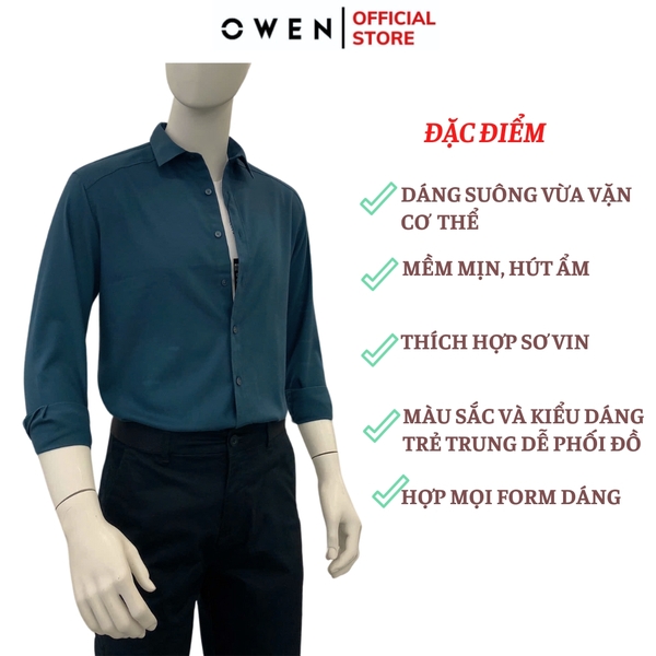 Áo Sơ Mi Nam Tay Dài Owen AJ240636DT màu xanh cổ vịt trơn Dáng J - form suông rộng tà lượn có túi ngực chất liệu Café Charcoal dày dặn