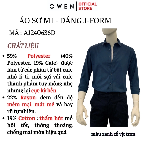Áo Sơ Mi Nam Tay Dài Owen AJ240636DT màu xanh cổ vịt trơn Dáng J - form suông rộng tà lượn có túi ngực chất liệu Café Charcoal dày dặn