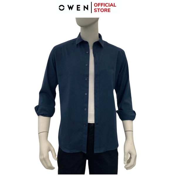 Áo Sơ Mi Nam Tay Dài Owen AJ240636DT màu xanh cổ vịt trơn Dáng J - form suông rộng tà lượn có túi ngực chất liệu Café Charcoal dày dặn