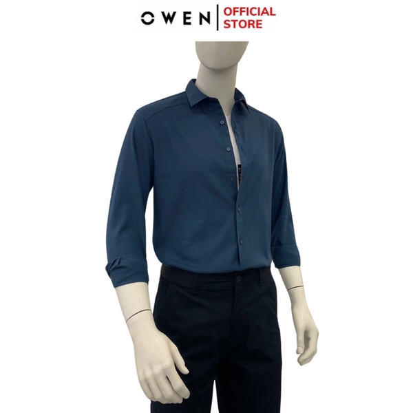 Áo Sơ Mi Nam Tay Dài Owen AJ240636DT màu xanh cổ vịt trơn Dáng J - form suông rộng tà lượn có túi ngực chất liệu Café Charcoal dày dặn