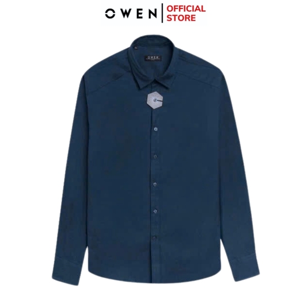 Áo Sơ Mi Nam Tay Dài Owen AJ240636DT màu xanh cổ vịt trơn Dáng J - form suông rộng tà lượn có túi ngực chất liệu Café Charcoal dày dặn