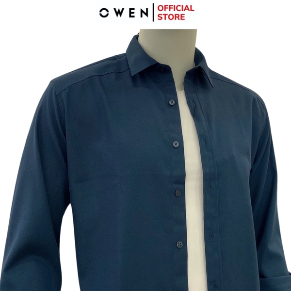 Áo Sơ Mi Nam Tay Dài Owen AJ240636DT màu xanh cổ vịt trơn Dáng J - form suông rộng tà lượn có túi ngực chất liệu Café Charcoal dày dặn