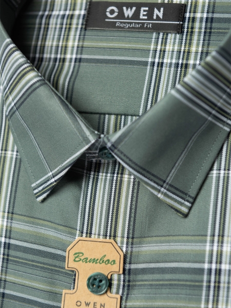 Áo Sơ Mi Nam Tay Dài Owen AR220937DT Kẻ caro xanh rêu đen Dáng Regular Fit Vải Sợi Tre ( Bamboo)