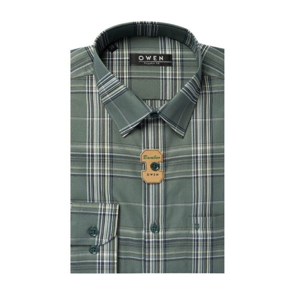 Áo Sơ Mi Nam Tay Dài Owen AR220937DT Kẻ caro xanh rêu đen Dáng Regular Fit Vải Sợi Tre ( Bamboo)