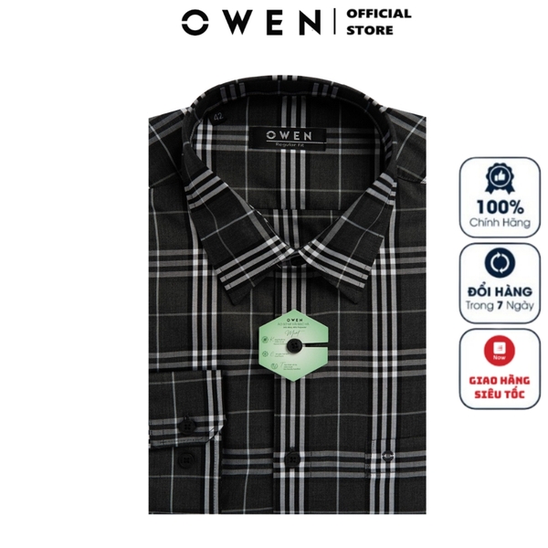Áo Sơ Mi Nam Tay Dài Owen AR230253DT màu kẻ caro lớn xám đen dáng regular fit tà lượn có túi vải bạc hà