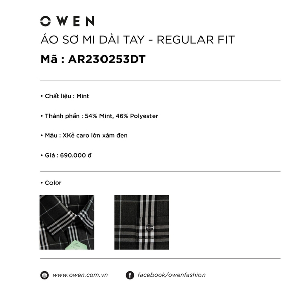 Áo Sơ Mi Nam Tay Dài Owen AR230253DT màu kẻ caro lớn xám đen dáng regular fit tà lượn có túi vải bạc hà