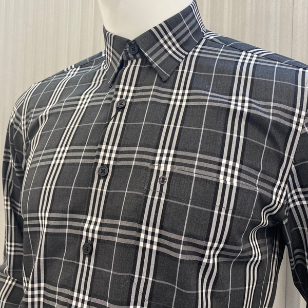 Áo Sơ Mi Nam Tay Dài Owen AR230253DT màu kẻ caro lớn xám đen dáng regular fit tà lượn có túi vải bạc hà