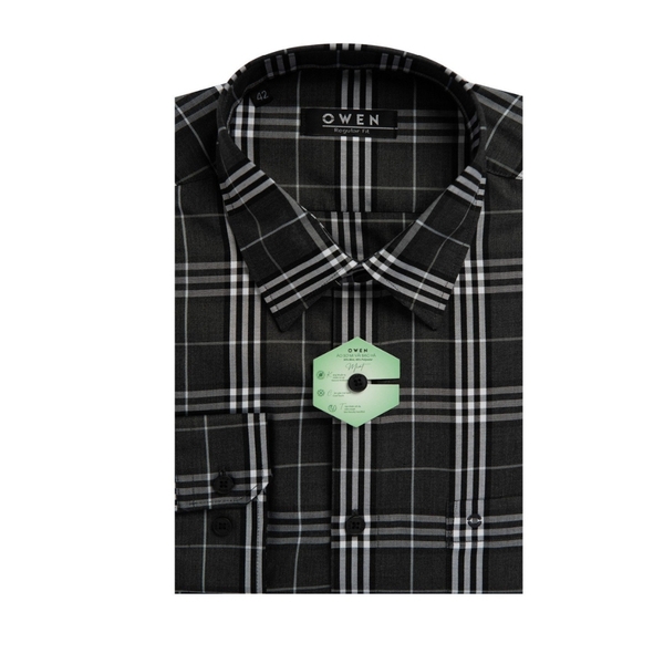 Áo Sơ Mi Nam Tay Dài Owen AR230253DT màu kẻ caro lớn xám đen dáng regular fit tà lượn có túi vải bạc hà